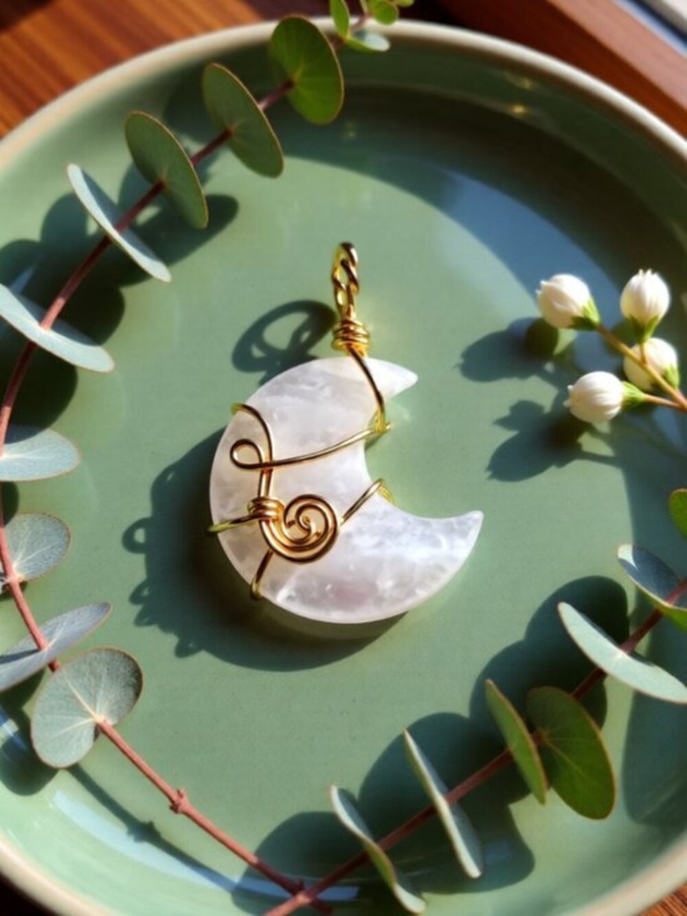 Handmade! White Crescent Moon Pendant - Wire Wrapped Quartz Moon Goddess Jewelry
